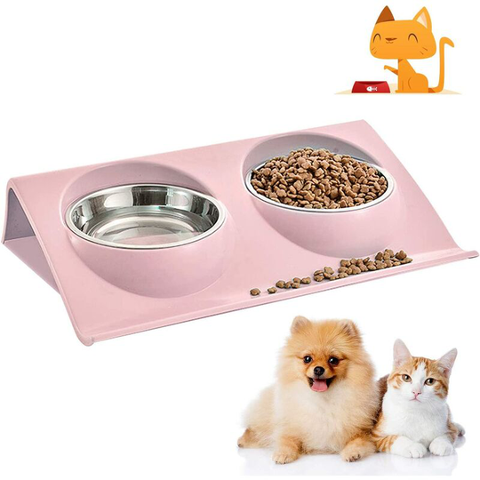Cat Bowl, Pet Bowls, Dog Cat Bowl, Double Bowl for Cat and Dog, Dog Pet Feeder Bowl, Non-Slip Stainless Steel Cat Bowl (Pink)