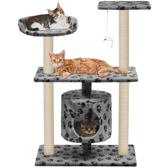 Cat Tree with Sisal Scratching Posts 95 cm Grey Paw Prints VD07070 - Hommoo