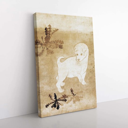Puppy and Dandelions by Tawaraya Sotatsu - Wrapped Canvas Painting
