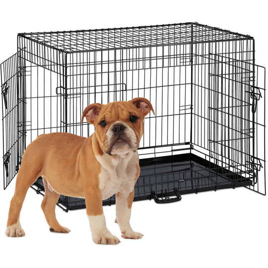 Foldable Dog Crate, for Travels with Pets or Indoors Use, Metal Bottom, 2 Doors, hwd: 68 x 92 x 62cm, Black - Relaxdays