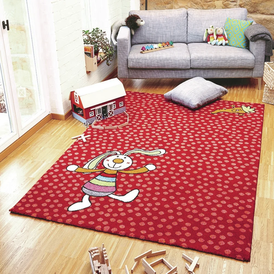 Rainbow Rabbit Handwoven Red Rug