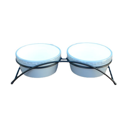 FVO - Raised Ceramic Cat Bowls, Cat Food and Water Bowls, 2 Cat Dishes, Gift for Cat and Puppy, Fish Bone Design, Blue