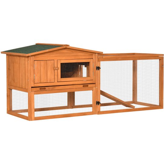 Pawhut - Rabbit Hutch and Run Outdoor w/ Sliding Tray Hay Rack Ramp, 156x58x68 cm - Orange