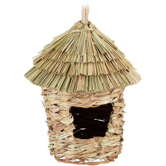 Bird Nest, Strawed Roof, For Hanging, Cages, Small Animals, h x d: 21 x 17 cm, Straw, Natural - Relaxdays