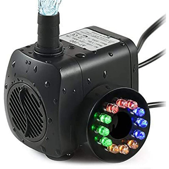 AT-380]220 gph Submersible Water Pump(800L/H, 15W),Ultra Quiet 12 led Colorful Pump Lights with 2 Nozzles,6 Feet Power Cord for Fish Tank, Pond,
