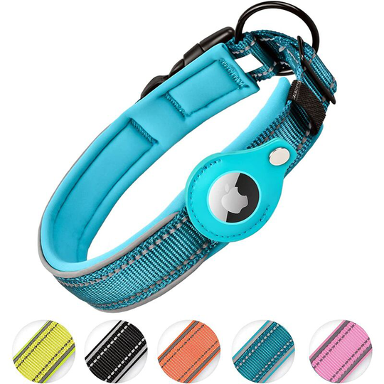 Aougo - Reflective AirTag Dog Collar, Heavy Duty Apple Air Tag Dog Collar [Large] Padded Pet Collar with AirTag Case Holder Accessories (Blue, m)