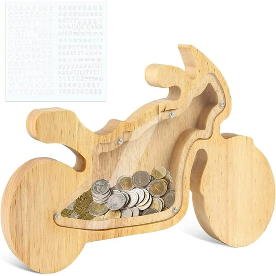 Perle Rare - Wooden Piggy Bank, Dinosaur/Motorcycle/Fox/Rabbit Piggy Bank Toy Girls and Boys, Christmas/Easter/Birthday Decoration (Motorcycle)