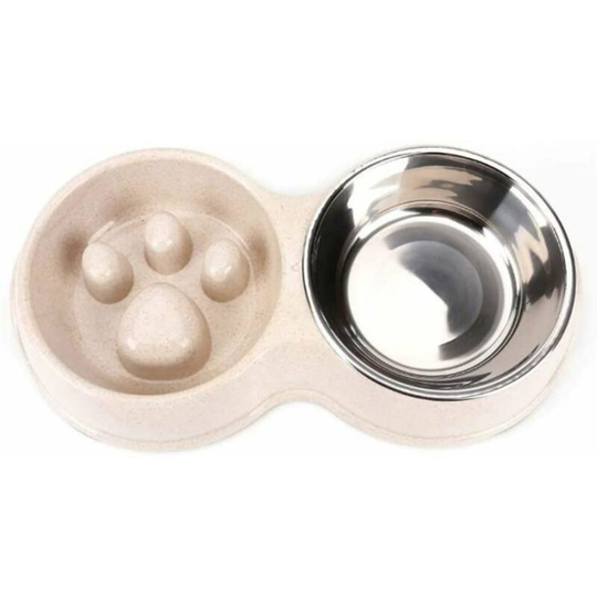 2 in 1 Double Anti Glutton Dog Bowl for Cat, Stainless Steel Non-Slip Glutton Dog Bowl Bowl White