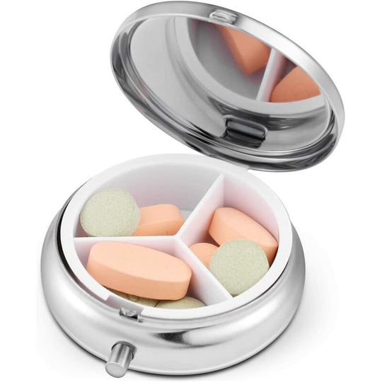 Litzee - Pill Container 3 Slots Medicine Box Round Metal Pill Box Small Medicine Case Vitamin Box for Travel Outdoors 1pc (Random Pattern)