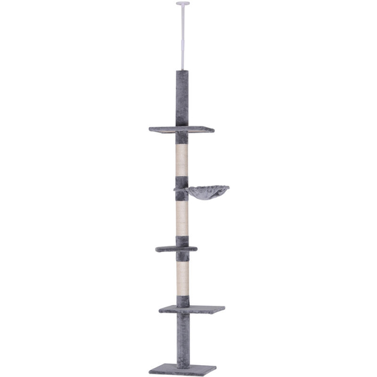 Cat Tree Scratching 5-Tier Kitty Tower Floor to Ceiling Adjustable - Grey - Pawhut