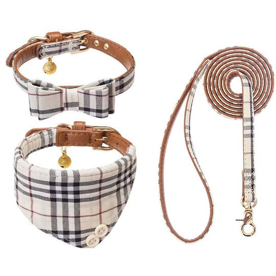British Plaid Dog Collar Plaid Bowknot Bow Tie Triangle Scarf Traction Rope Set (m)