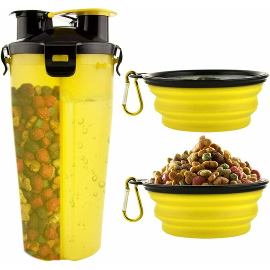 Dog Water Bottle with 2 Portable Folding Bowls 2 in 1 Water Bottle and Food (Yellow)