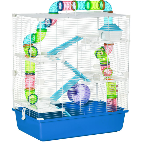 Pawhut - Hamster Cage w/ Water Bottle, Exercise Wheel, Tubes, Ramps - Blue - Blue