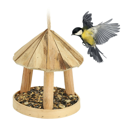 Bird Feeder, Feeding Station, Hang or Place on Surface, h x d: 22 x 18 cm, Wood, Natural - Relaxdays