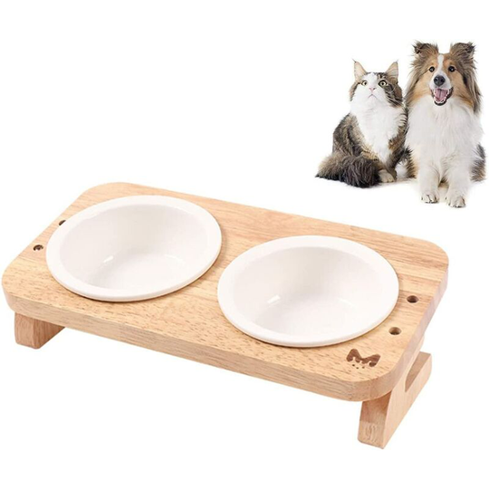 Bearsu - Elevated Ceramic Cat Dog Bowls, Small Dog 15° Tilted Raised Food Feeding Dishes, Solid Wood Water Stand Feeder Set , Raised Pet Bowl for