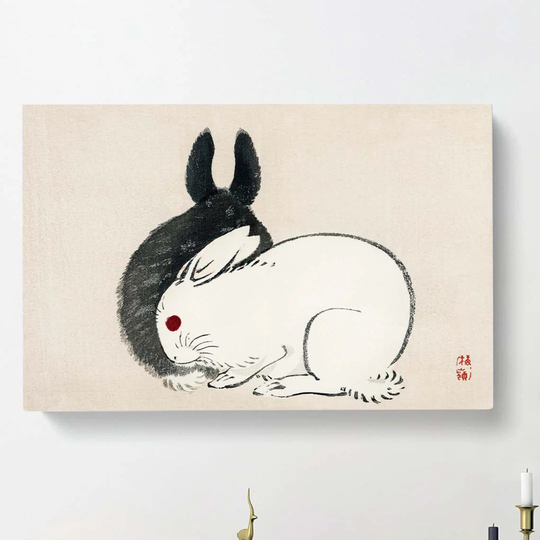 Black & White Rabbits by Kono Bairei - Wrapped Canvas Painting Print