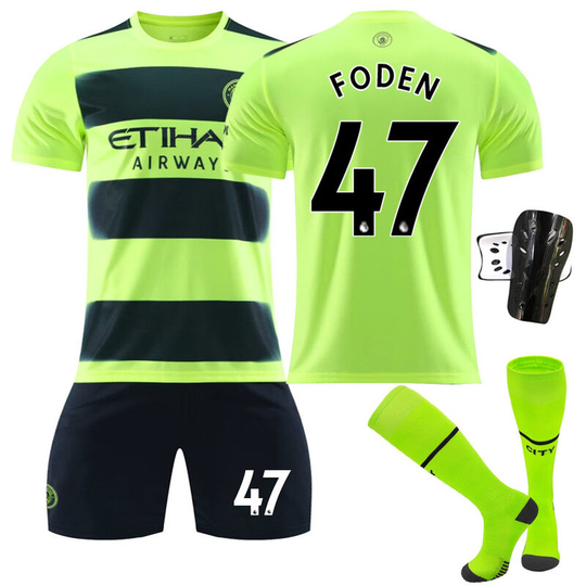 Manchester City 2nd away fluorescent green jersey set No.47 with socks+protective gear, children's size 22