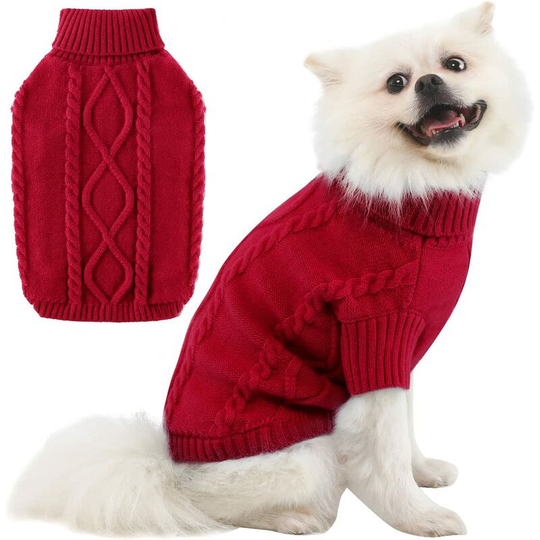 Dog Sweater Small Dog Turtleneck Pet Clothes Knit Sweater Braid Pattern Warm Soft Red xs