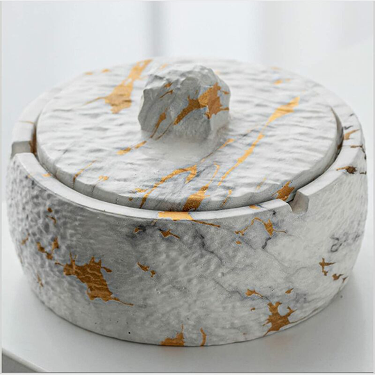 Sun Flowergb - Anti-theft ashtray with lid, marble ashtray for bedroom living room and outdoor garden Ф11.7cm x 7.6cm golden pattern