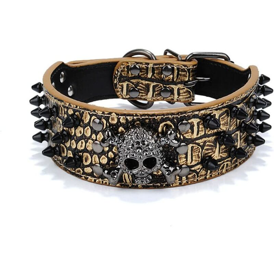 Leather 3 Row Bullet Rivets Studded Leather Skull Cool for Medium Large Dog Collar(M)-golden brown