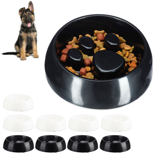Set of 10 Relaxdays Foraging Feeding Bowl for Slow Eating, Cats & Dogs, Bloat Stop Dish, Dishwasher-Safe, Black-White