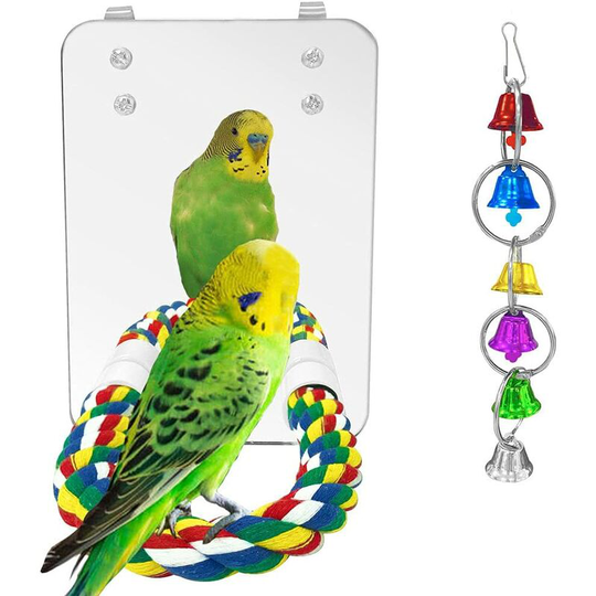 Bearsu - 7 Inch Pet Bird Mirror Swing Parrot Cage Toys With Rope Perch, Parrot Parakeet Mirror With Bird Swing Bell Toys For Parakeet Cockatoo