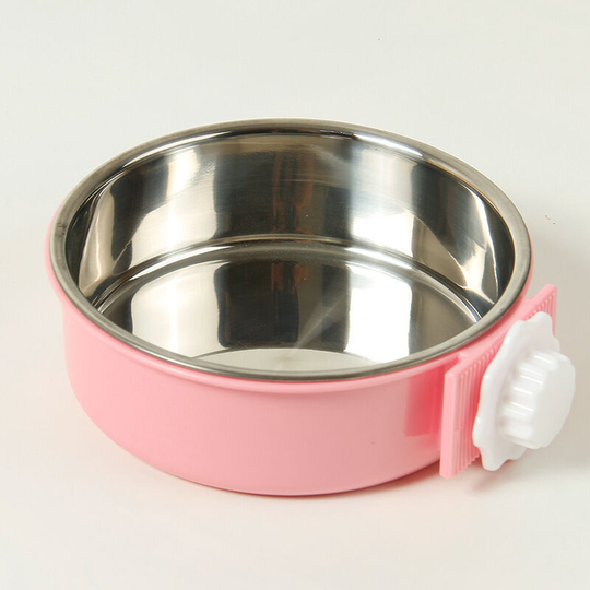 Stainless Steel Dog Cat Feeding Bowl 2 in 1 Hanging Bowl Cage Holder for Small Pet Dog Cat Rabbit Bird Pink