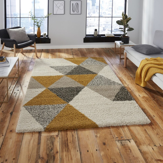(120x170cm) Modern Royal Nomadic 5741 Geometric Rugs in Beige and Ochre Yellow Shaggy Thick Soft Carpets