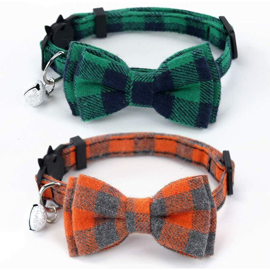 Denuotop - Breakaway Cat Collar with Bow Tie and Bell for Cat and Some Puppies, Adjustable 7.8-10.5 Inch 2 Pack (Green + Orange)