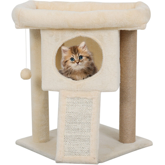 Cat Tree Tower with Large Condos, Padded Plush Perch, Scratching Post, Climbing Ladder, Hanging Ball, for Kittens, Adult Cats, Beige - Beige