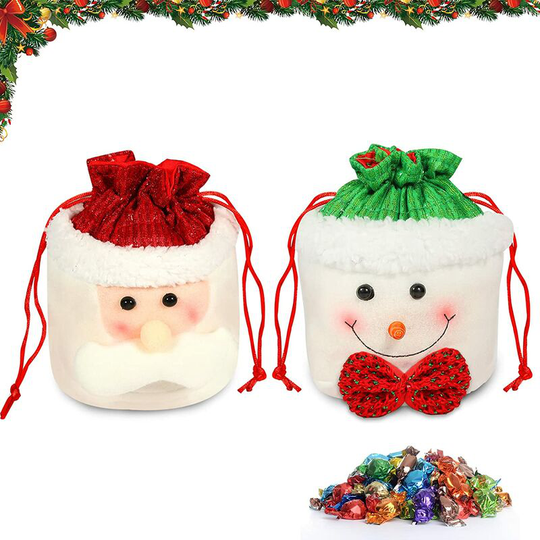 Aougo - 2 Piece Gift Bag, Santa Gift Bag, Christmas Bag with Drawstring, 3D Look of Santa Claus, Snowman, Deer and Penguin for Treats Cookies Storage