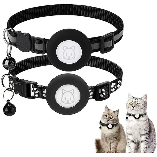 2 Pieces Adjustable Airtag Cat Collars, Reflective Air Tag Cat Collar with Detachable Safety Buckle and Bell Black