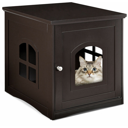 Cat Litter Box Enclosure Decorative Cat House Side Table w/Magnetic Door &Window