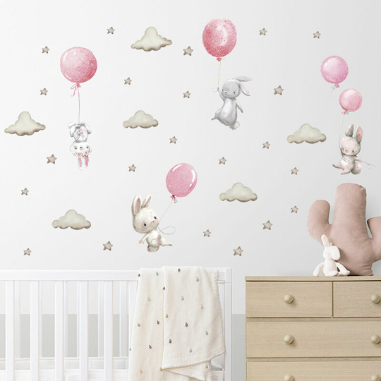Bearsu - Personalized wall stickers watercolor animal wall stickers suitable for kindergarten girl pink balloon rabbit home stickers