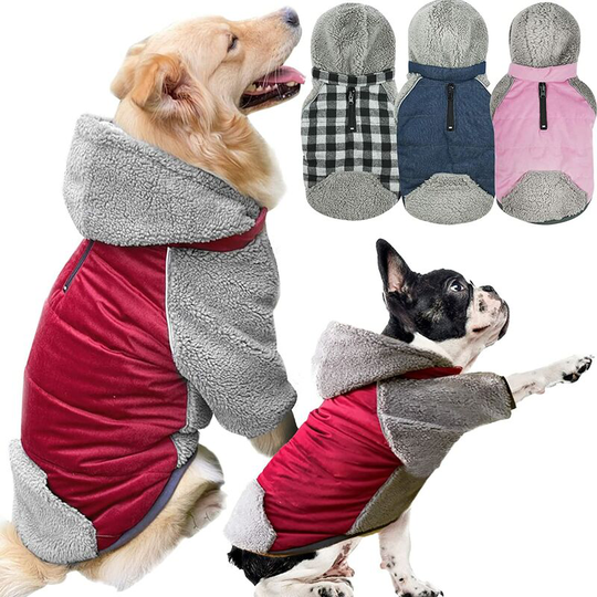 Litzee - Dog Coat Jacket with Detachable Hat, Reversible Winter Dog Jacket Clothes with Legs, Warm Thicken Fleece Dog Apparel, Reflective Pet Dog