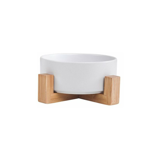 Perle Rare - White Pet Dog and Cat Bowls Ceramic Dog Cat Bowls Bamboo Stand - Dishwasher Safe and Easy to Clean
