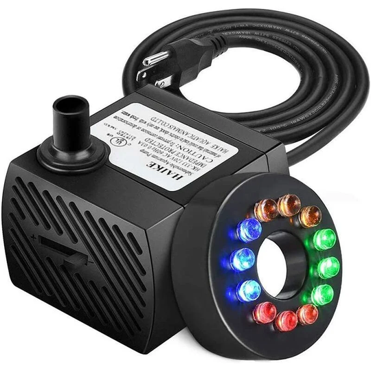 LH-050, 90 gph (350L/H, 5W) Submersible Water Pump, Ultra Quiet Fountain Water Pump with 5.9ft Power Cord, 12 Colorful Leds, Aquarium,Black, 1pc