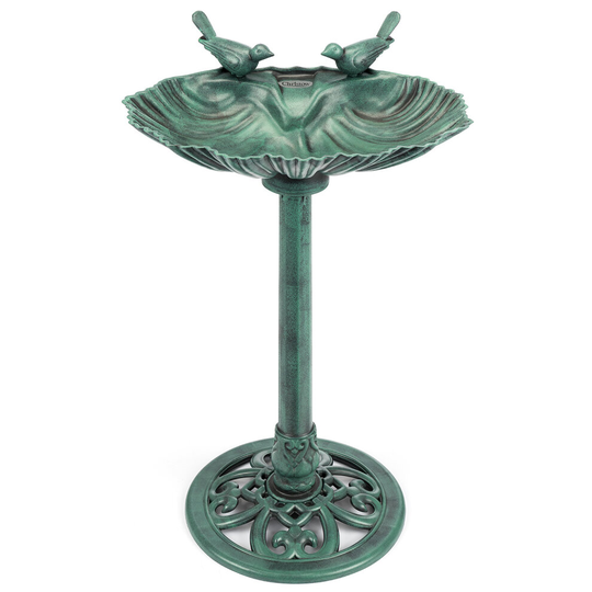 (Green) Garden Bird Bath Clam Shell Birdbath With Rustic Metal Effect H81cm Christow