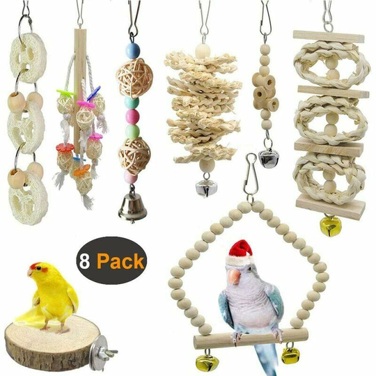 8 packs of bird toys, bird and parrot swing, bird cage toys - natural wood hanging, for small parakeets, cockatiels, parakeets