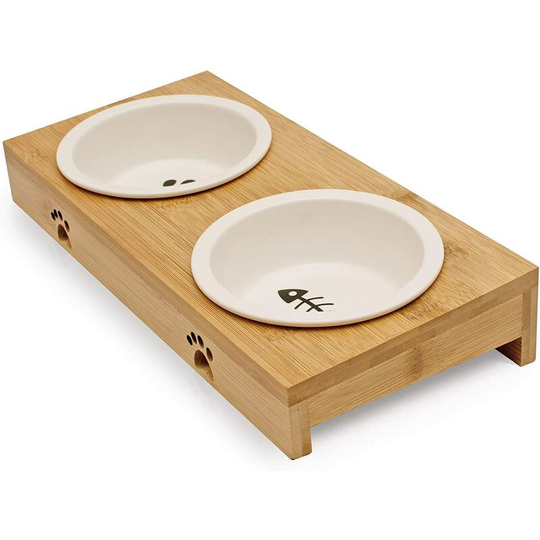Litzee - Premium cat feeding station - 2 bowls for your cat - White ceramic bowl, large for water and food - Raised feeding bowl as cat bowl - High