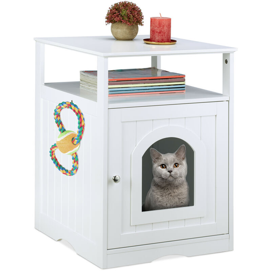Cat Cabinet with Shelf, Wooden Cupboard Design, Kitten Toilet Box, House, h x w x d 64 x 48 x 53 cm, White - Relaxdays