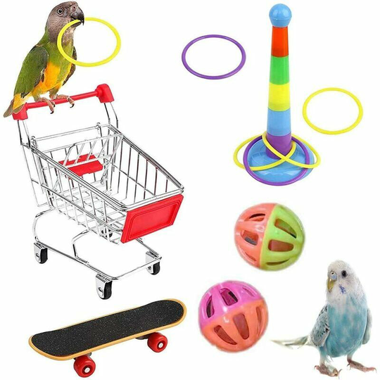 5 Pieces Parrot Toy, Bird Toys, Colorful Parrot Toys, Contains Basket, Training Ring, Skateboard, Bell, for Bird Training (Random Color)