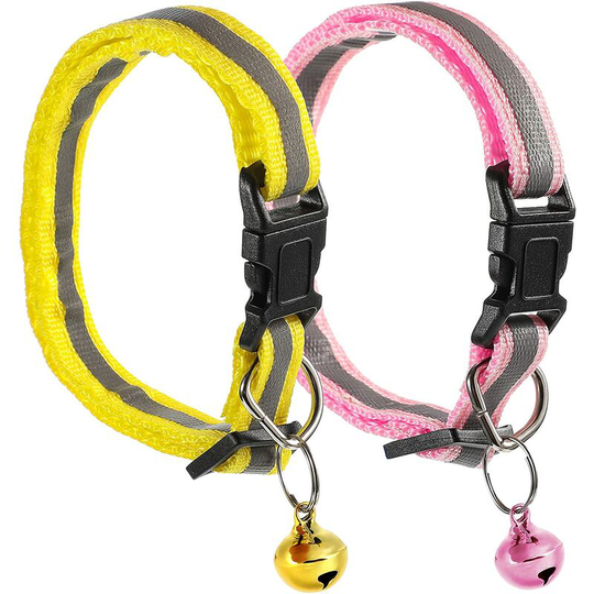 Denuotop - 2 Pieces Cat Collars with Quick Release Buckle Reflective Pet Collar Adjustable Kitten Collar with Bells Breakaway Dog Collar, Yellow and