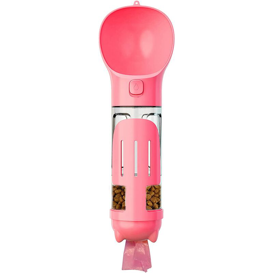 Dog Water Bottle, Portable Travel Dog Water Dispenser, 300ml Water Bottle, 4 in 1 Dispenser with Dustpan, Storage Box & Trash Bag- Pink