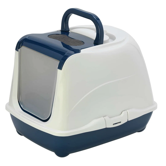 Dark Blue Cat Flip Litter Tray Box Hooded Pan Toilet Loo Carbon Filter Scoop