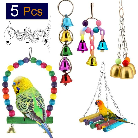 Parrot Bird Toys, 5 Pieces Parrot Toys, Bird Toy Swing Bird Toy, Bridge Ladders, Hanging Bell Toy, for Parrot, Parakeets, Macaws, Finches