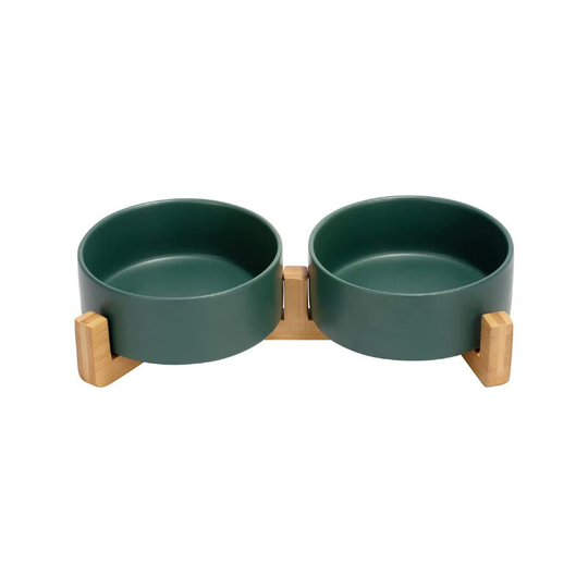 Ceramic Dog Bowl Double Dog Feeding Bowl with Bamboo Stand for Cats and Dogs (400ml, Green)