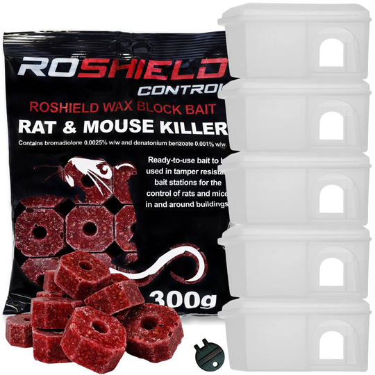 (Clear) Roshield 5 x Control Mouse Boxes & 15 Killer Bait Blocks (1 Pack of 300g)