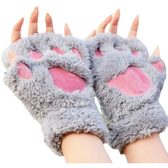 Cute Cat Kitten Paw Fingerless Faux Fur Plush Gloves for Girls Women (Grey)