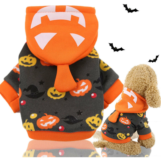 Hooded Pet Coat, for Halloween, Black with Skull Patterns, Winter Clothes for Small Dog or Cat(L)